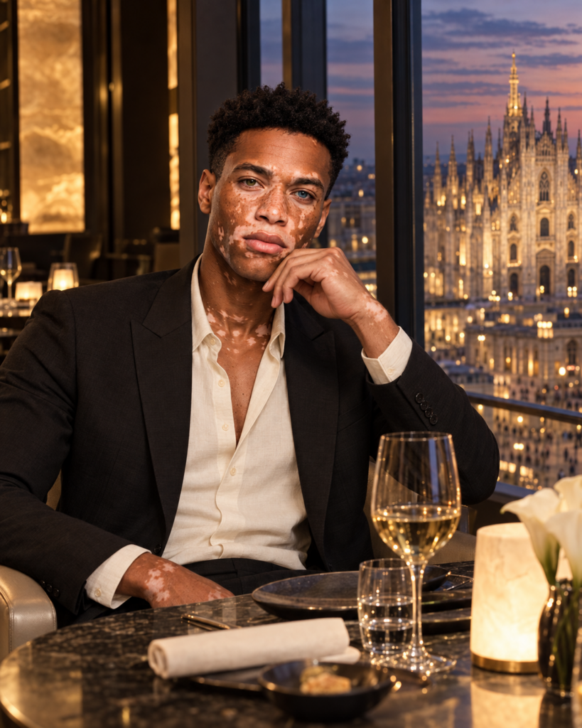 Alex Novai dînant à l’Armani/Ristorante avec vue sur le Duomo
