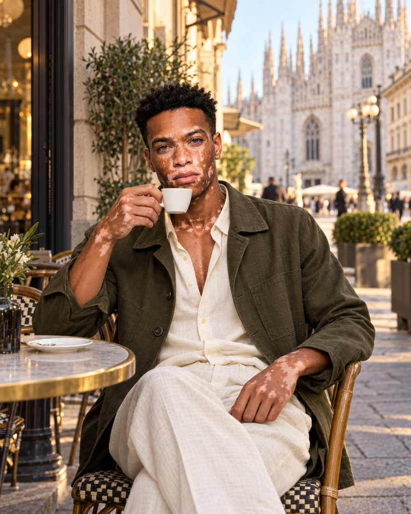 Alex Novai à une terrasse milanaise