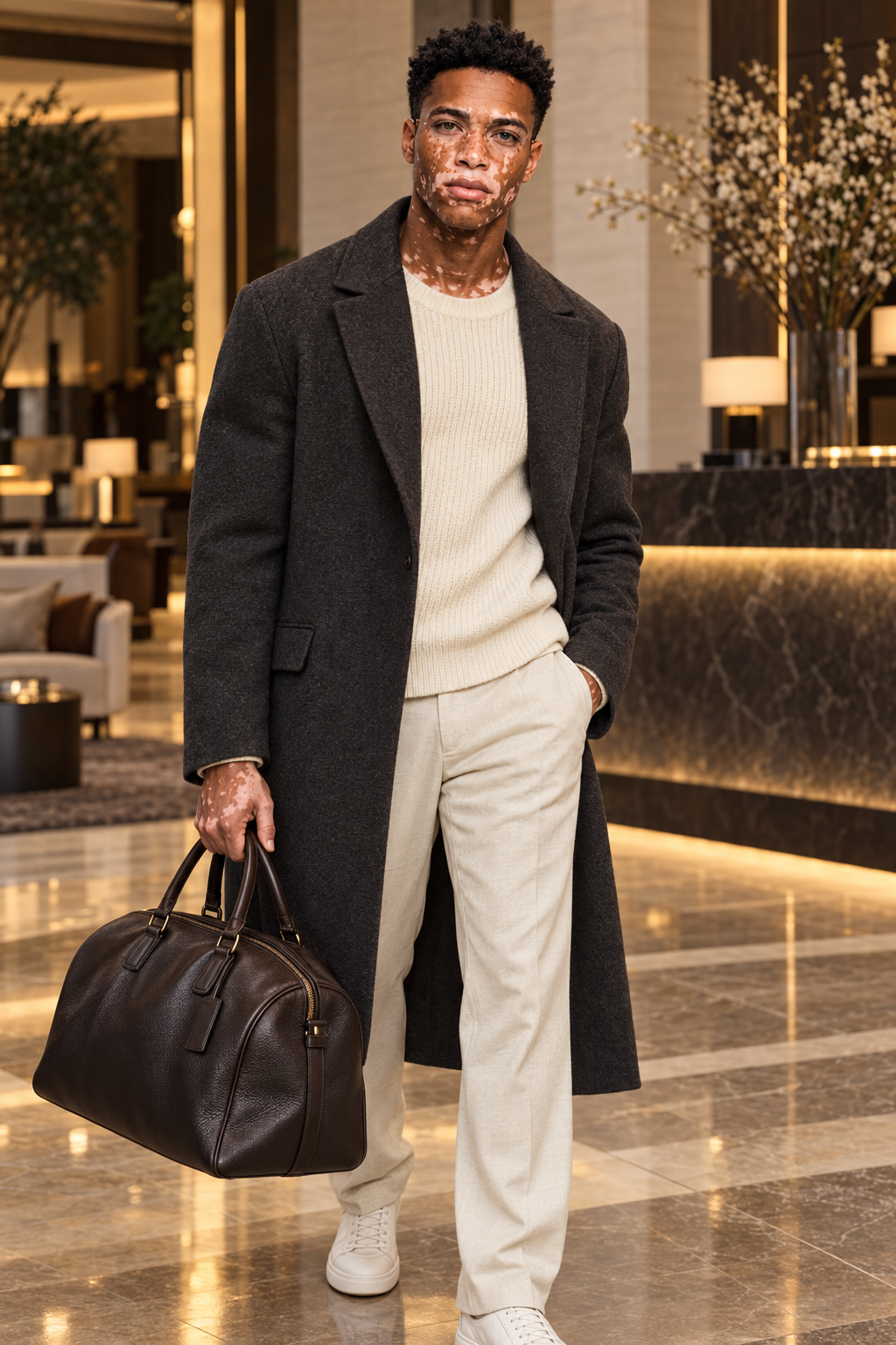 Alex Nova dans le lobby d’un hôtel de luxe